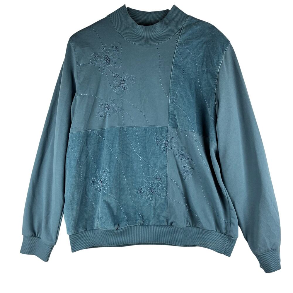 Alfred Dunner Butterfly Embroidered Sweatshirt Women's Large Blue Patchwork Top